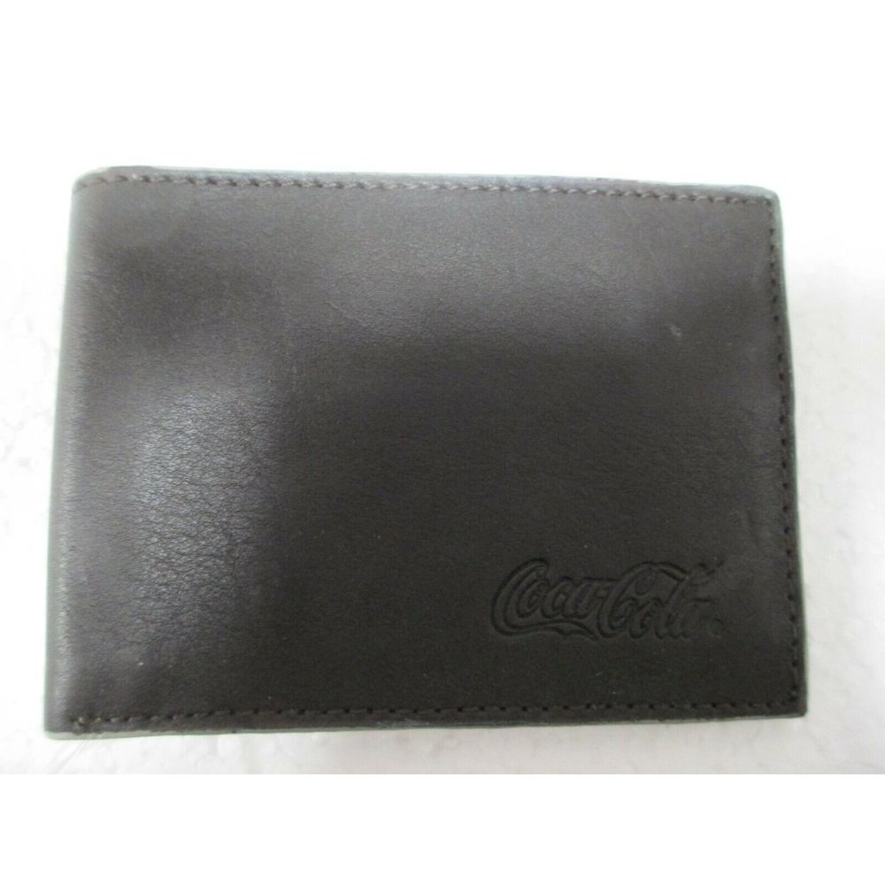 Coca-Cola Mens Small Leather Wallet Brown Stitching Embossed Script Logo